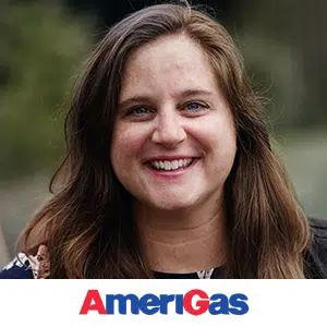 executive search recruitment placement Kyle Zimmerman's professional photo - Senior Director Human Resources at Amerigas wearing a dark blue and white sweater and shoulder-length straight hair